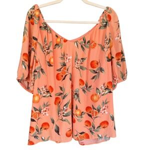 A3‎ LOFT Blouse Women's Large Orange Floral Print 3/4 Sleeve V-Neck Top